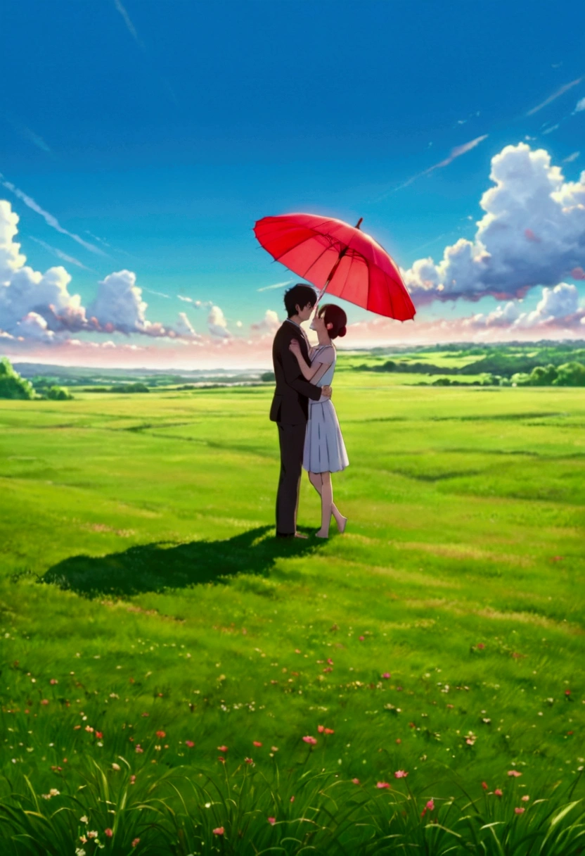  romantic couple standing together on a grassy plain, holding a red umbrella. The man and woman embrace each other tenderly, looking into each other's eyes with love and joy. The scene is set against a backdrop of a vast open landscape, with a beautifully clouded blue sky above. The colors are vibrant and full, enhancing the lush green grass in the foreground that stretches out, providing a soft and lively base for the scene. The image has a slightly painterly effect, with the colors appearing vivid and soft, reminiscent of an anime or watercolor painting. The overall atmosphere is cheerful and romantic, capturing a tender and happy moment between the couple. The focus is on the couple, with the background slightly blurred, adding depth to the composition. The photograph is taken from a wide perspective, making the couple appear far away, and capturing a broad view of the vibrant sky and landscape. This wide-angle approach emphasizes the expansive beauty of the surroundings, highlighting the bright, blue sky and fluffy clouds, along with the rolling grassy fields, creating a joyful and colorful ambiance