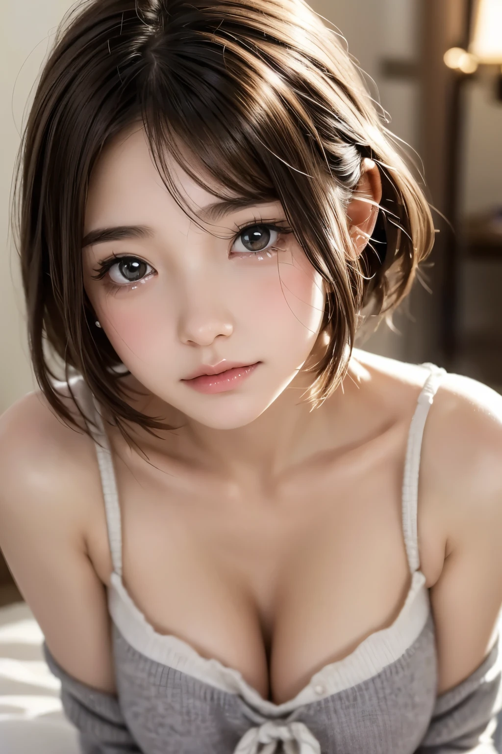 ((cry))、 Japan、Highly detailed face、Attention to detail、double eyelid、Beautiful thin nose、Sharp focus:1.2、beauty:1.4、(Light brown hair、short hair、)、Pure white skin、Highest quality、masterpiece、Ultra-high resolution、(Realistic:1.4)、Highly detailed and professional lighting、Blushing、Crouching、Tears flowing