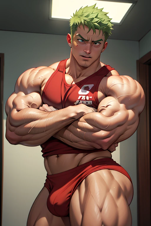 Sanji and Roronoa Zoro from One Piece in a kitchen. Sweating. Standing in a line. Blonde hair. Green hair. Staring ahead blankly. Drinking protein shakes that turn them bigger and dumber. Growing bigger muscles and crotch bulges. Both have trained themselves to look and act like big dumb bodybuilder jocks. Blending in with the other bodybuilder jocks. Assimilation. Dumb jock bros. Blank stares. Hyper crotch bulges. Dumber and dumber. IQ drain. Both equally muscular. "Bro, I feel ... kinda ... uhhh ... stupid...? Like, ... my head gets ... dumber, and ... dumber, and ... dumber..... I'll ... be dumb ... for Coach.... Bigger and bigger ... dumber and dumber.... Huhuhuh.... Yes, Coach. A good dumb jock is big and dumb. A good dumb jock's what I'll become...." Chuckling vapidly. Hyper biceps. Hyper triceps. Broad shoulders. Thick, meaty hyper pecs. Hyper traps. Big deltoids. Big lats. Tank tops. Blank stare. Open mouths. Vapid. bro. bodybuilder. IQ drain. Jock. hypnosis. dumber. Big crotch bulges. Dumbing down. Brainwashing. Giant muscles. Hyper muscles. Dumber and dumber. Bigger and bigger. Muscleheads. Meatheads. Jocks. Hypnotized. Brainwashed. Brainwashing. Subliminal hypnosis. Flexing. Tall and muscular. mindless. Brainless. Jock bro assimilation. Integration. Conformity. Brute. Musclehead.