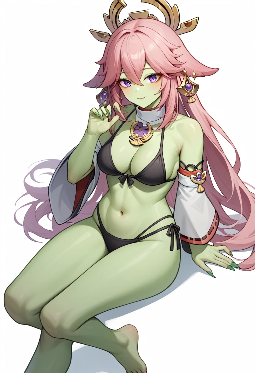 Fraction_9,Fraction_8_Direction_7_up,Bachong, Solitary, simple_background, 1 Girl, Bikini,long_sleeve, Side Breast, Watching_exist_Viewer, White_background, sleeve_Past_wrist,high resolution, absurd,Sharp nails,Green nails,Skin of color,Green Skin,Barefoot,Green Skin,Show your thighs,Green Skin,whole body,Green Skin,Zombification,Green Skin,坐exist床上,Stretch your hands forward