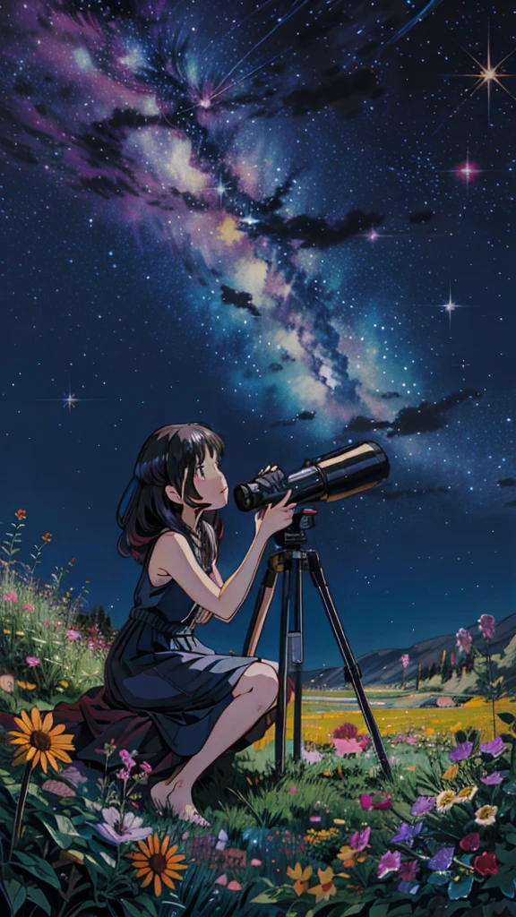 painting of a girl sitting with a telescope under a starr filled sky, cosmic starry sky, colorful, multicolored flowers, starry sky!!, starry sky, many stars in sky, night sky full of stars, dark starry sky, night time with starry sky, black sky full of stars, sky full of stars, the sky is a starry sky, galaxy in the night sky, starry night sky, black sky with stars
