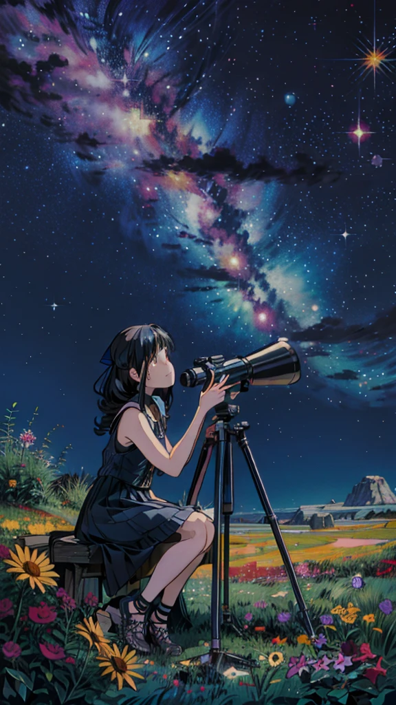 painting of a girl sitting with a telescope under a starr filled sky, cosmic starry sky, colorful, multicolored flowers, starry sky!!, starry sky, many stars in sky, night sky full of stars, dark starry sky, night time with starry sky, black sky full of stars, sky full of stars, the sky is a starry sky, galaxy in the night sky, starry night sky, black sky with stars