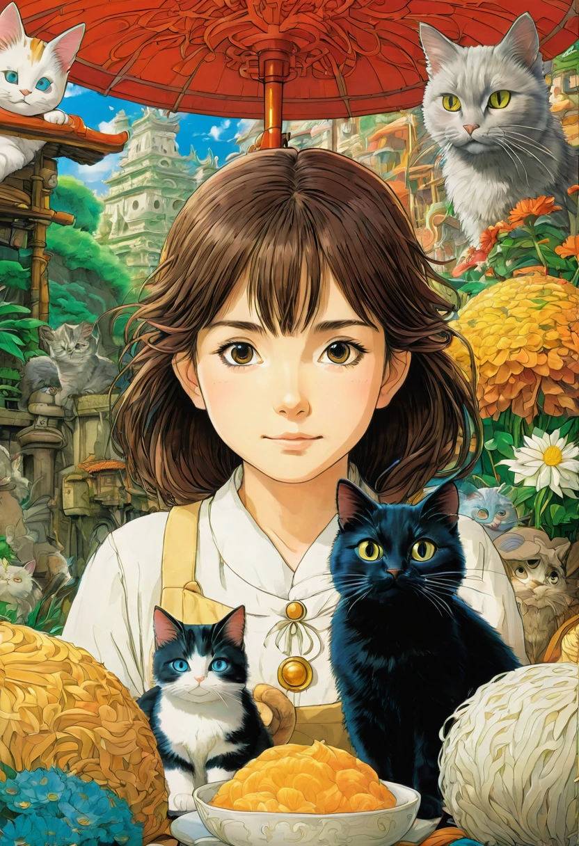 Girl with cat, Studio Ghibli, Highest quality, masterpiece, so beautiful, Perfect composition, Intricate details, Very detailed