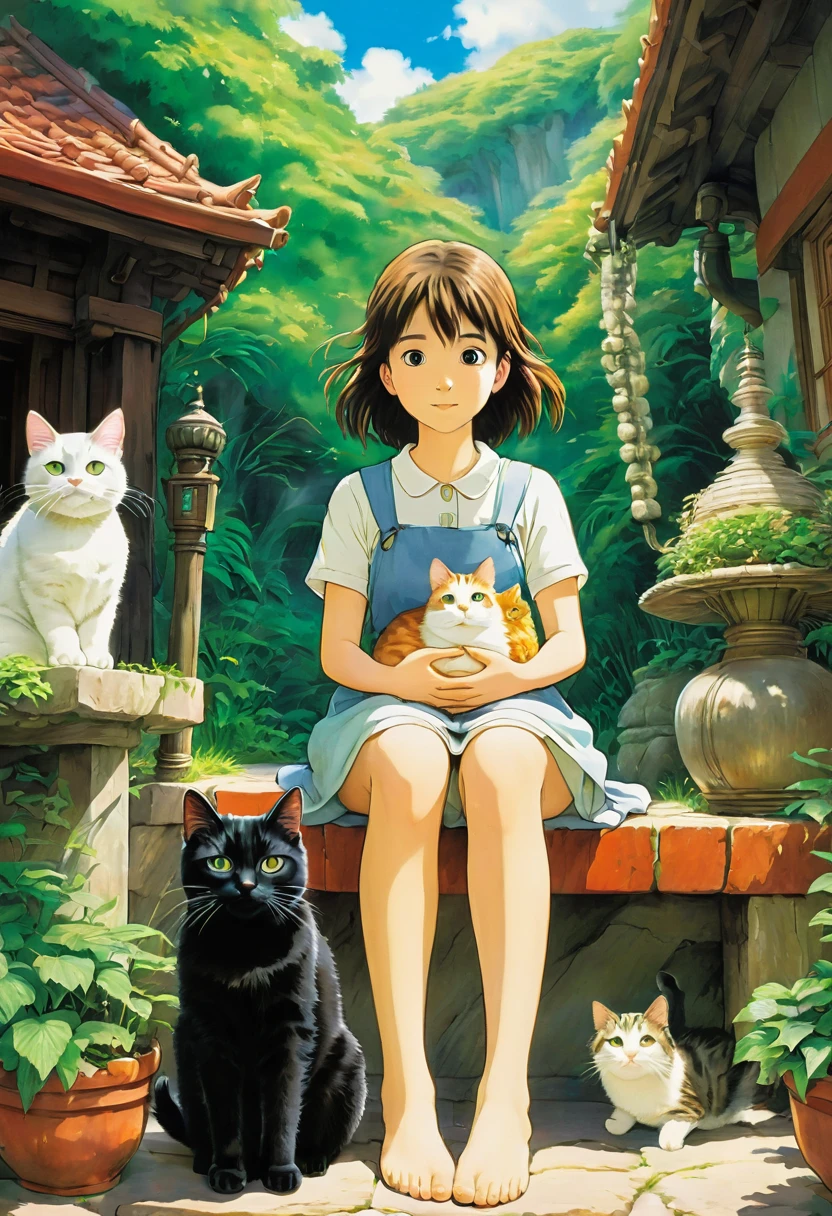 Girl with cat, Studio Ghibli, Highest quality, masterpiece, so beautiful, Perfect composition, Intricate details, Very detailed