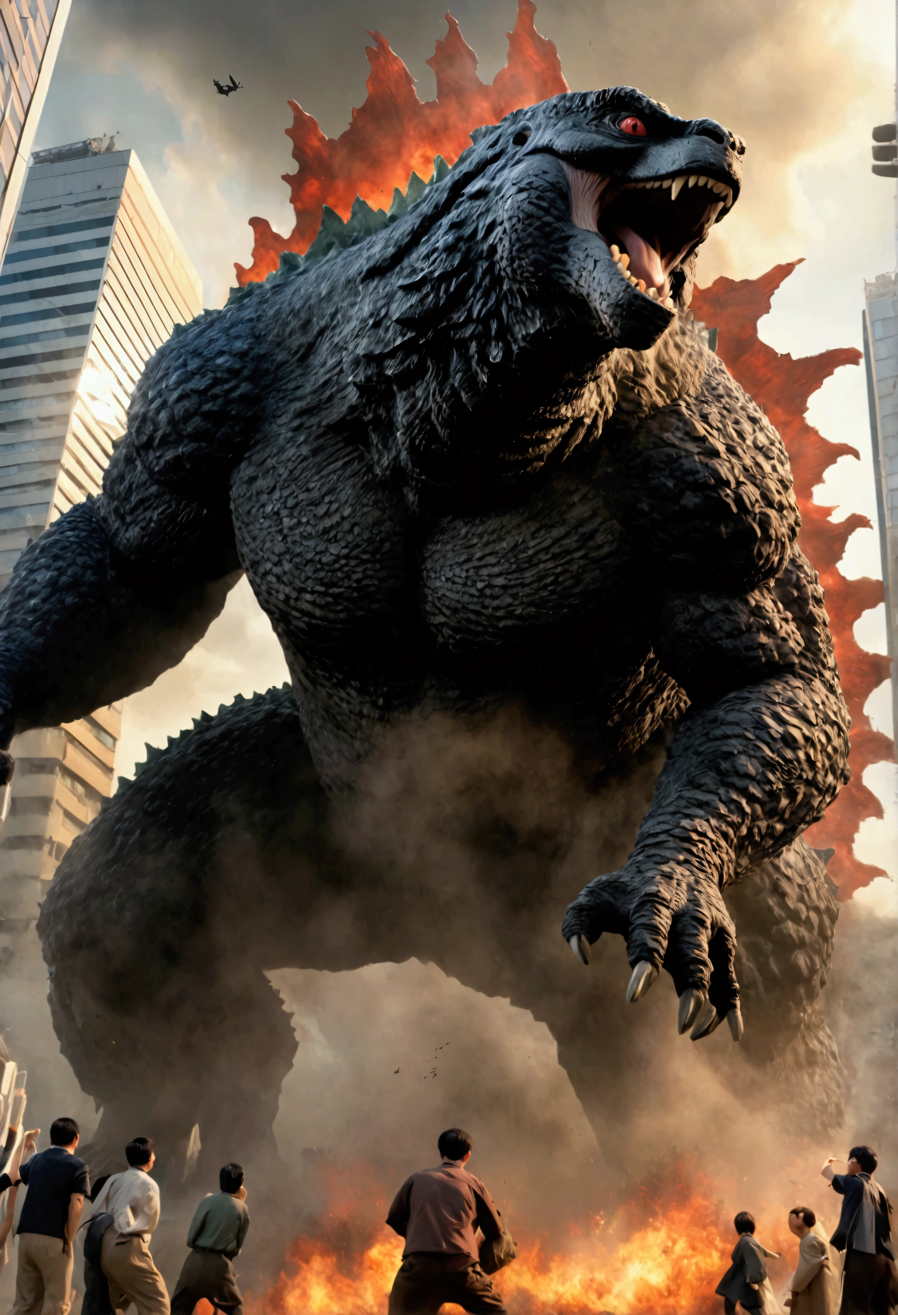 Godzilla is on a rampage in Tokyo, low angle shot
