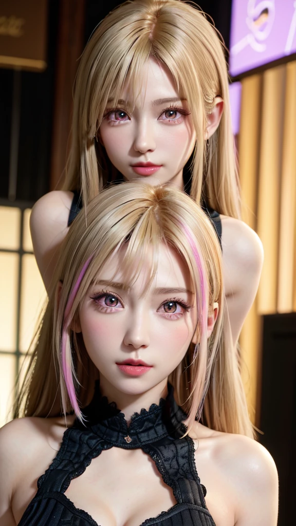 masterpiece, Highest quality, 1Beautiful young women, Glowing pink eyes, (Detailed pupils:1.2), eyelash, beautiful bright blonde, Striped Hair, multicoloured, Medium Hair, Perfect Face, Upper Body