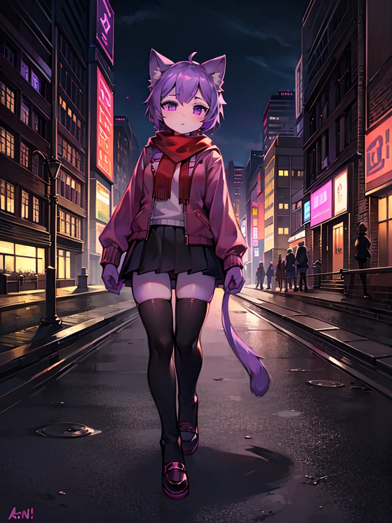 1girl, human:1.2, cat ears, purple hair, purple eyes, red scarf, long sleeve jacket, short skirt, stockings, city background, sidewalk, detailed background