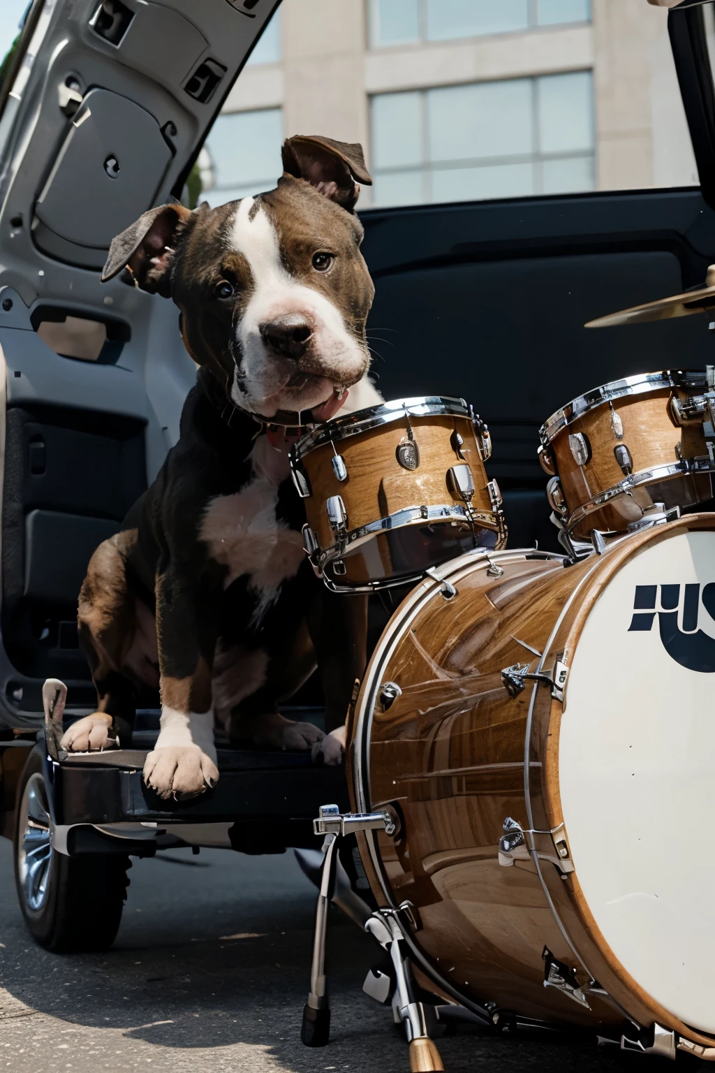 Pitbull puppy plays drums on the road full details