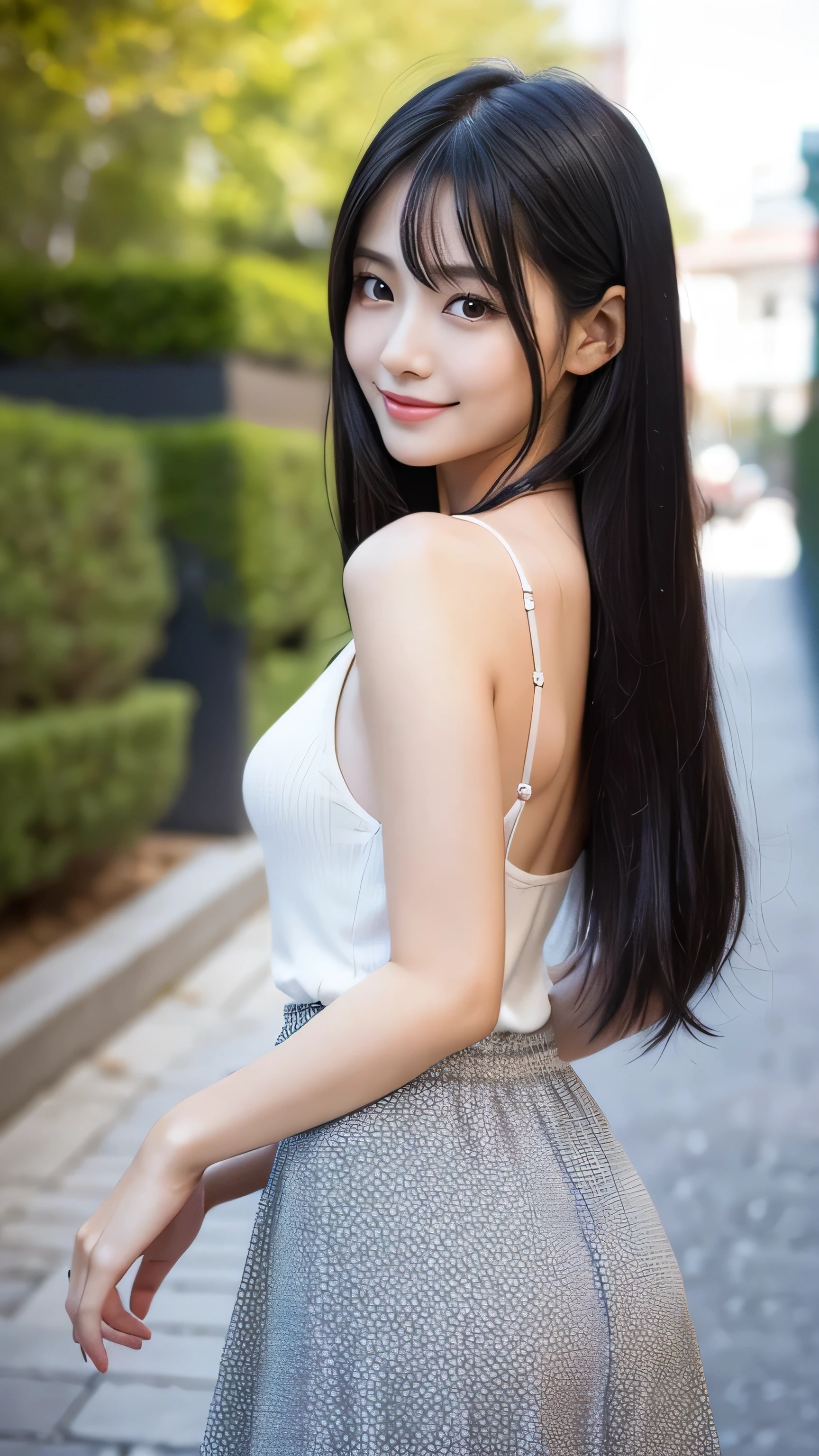 Create an ultra-realistic image of a 21-year-old Japanese woman named Kotone. She has extremely long, perfectly straight black hair that flows down to her waist, with blunt bangs that cover her forehead. Her eyes are large, enchanting, and have double eyelids with sparkling black pupils, giving them a captivating and youthful appearance. Her face is delicate and innocent, with very thin eyebrows that frame her large, childlike eyes. Kotone's skin is smooth and flawless, resembling snow in its pure white color. She has a slender and well-proportioned body with a shapely bust size of 95 cm, a height of 158 cm, a weight of 43 kg, an ideal waist size of 58.46 cm, and an ideal hip size of 86.73 cm. Her complexion is flawless, without any wrinkles, and her natural makeup enhances her features subtly, maintaining a fresh and youthful look. She embodies a perfect balance of youthful charm and mature elegance, with a cute and innocent smile that adds warmth and affection to her appearance.

Kotone should be depicted facing forward, with her body positioned to emphasize her front. Her long black hair should flow naturally over her shoulders, framing her face and upper body. Her pose should be confident and relaxed, with her arms gently at her sides or holding a small accessory. Her expression should be warm and inviting, with a friendly smile that captures her youthful charm. The lighting should be soft and natural, focusing on her front and emphasizing the smoothness of her skin and the delicacy of her features, creating a sense of depth and realism. There should be no background, ensuring that every detail of her appearance is highlighted and that the focus remains on her face and front. She is wearing a casual yet stylish outfit that highlights her well-proportioned figure, such as a fitted blouse and skirt.
