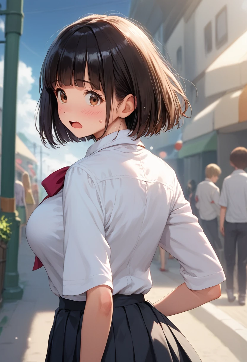 score_9,score_8_up,score_7_up,masterpiece,best quality, source anime, realistic, super detailed, extreme detailed, rating_safe,
1girl, standing, skirt tug, skirt flip, white lace panties, from behind, looking back, cowboy shot,
BREAK girl, 22yo, short hair, bob cut, (blunt bangs), black hair, (tareme, detailed cute brown eyes), curled eyelashes, (large breasts:0.9),
shiny hair, beautiful detailed eyes, beautiful face, sweat,
white collared shirt, black tight mini skirt,
embarrassed, blush, surprised eyes, screaming,
outdoors, street