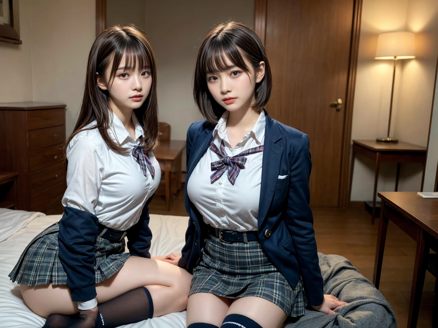 masterpiece, best quality, illustration, Super detailed, fine details, High resolution, 8K,wall paper, perfect dynamic composition,(Details High quality, realistic depiction of eyes:1.3), (2 girls), High school girl uniform、blazer 、Super Short Check Uniform Skirt、Navy blue high socks、garterbelts、Colossal tits, sitting, open legs, short bob hair, in a hotel room in the background, deep on field, large breasts, black hair color, Big Natural Color Lip, (perfect body shape), crying a little、Harajuku style、20 year old girl、cute type、beautiful legs, Gravure Idol