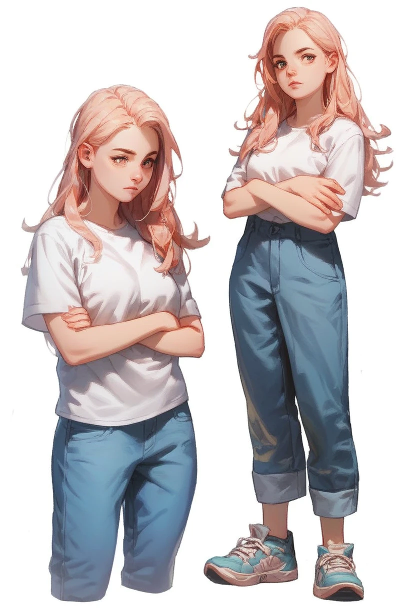 score_9, score_8_up, score_7_up,  BREAK
solo, female, standing, arms crossed, small , long hair, blond hair, black t-shirt, blue jeans, sneakers, conceptart, multiple views, white background, simple background