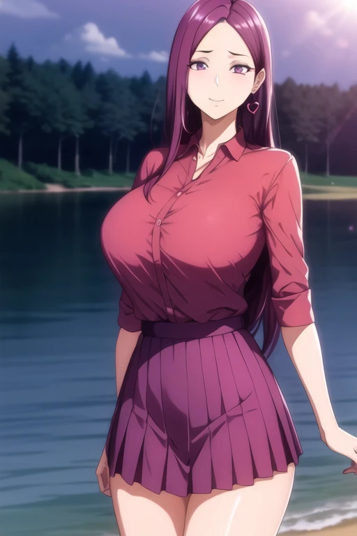 Lake Background,
dynamic pose,standing at attention,
Red shirt,collared shirt,pleated skirt, short sleeves,
jewelry,heart earrings,
purple eyes, purple hair, Long Straight Hair ,bangs,
1 girl, 20yo,Young female,Beautiful long legs,Beautiful body,
Beautiful Nose,Beautiful character design, perfect eyes, perfect face,expressive eyes,perfect balance,
looking at viewer,(Focus on her face),closed mouth, (innocent_big_eyes:1.0),(Light_Smile:0.3),
official art,extremely detailed CG unity 8k wallpaper, perfect lighting,Colorful, Bright_Front_face_Lighting,White skin,
(masterpiece:1.0),(best_quality:1.0), ultra high res,4K,ultra-detailed,
photography, 8K, HDR, highres, absurdres:1.2, Kodak portra 400, film grain, blurry background, bokeh:1.2, lens flare, (vibrant_color:1.2),professional photograph,
(Beautiful,large_Breasts:1.4), (beautiful_face:1.5),(narrow_waist),