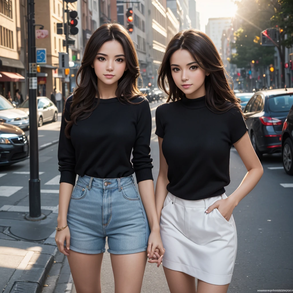 ( Absurd , High quality , ultra detailed, careful with hand )full body, professinal photo, couple, brunette, sexy, wearing casual clothes, posing in the street city, studio lighting, sun weather, bokeh.