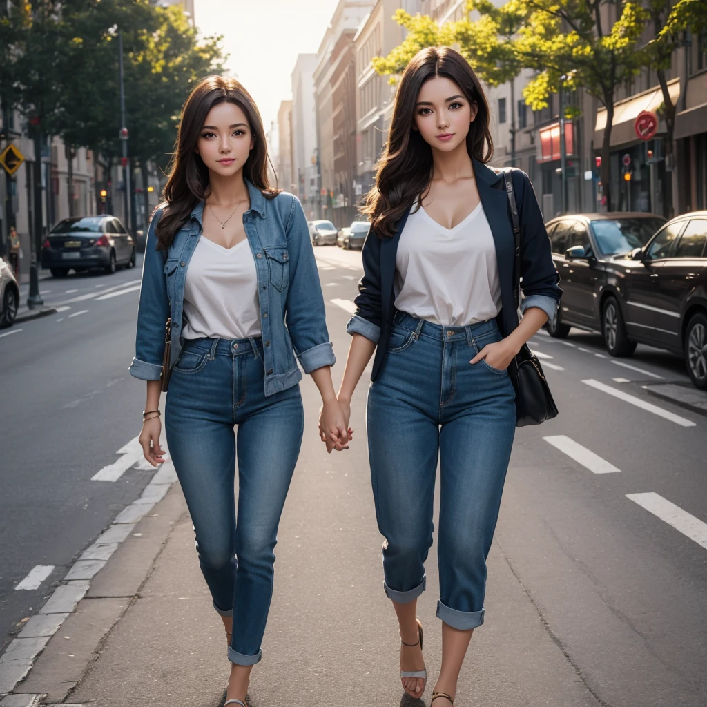 ( Absurd , High quality , ultra detailed, careful with hand )full body, professinal photo, couple, brunette, sexy, wearing casual clothes, posing in the street city, studio lighting, sun weather, bokeh.