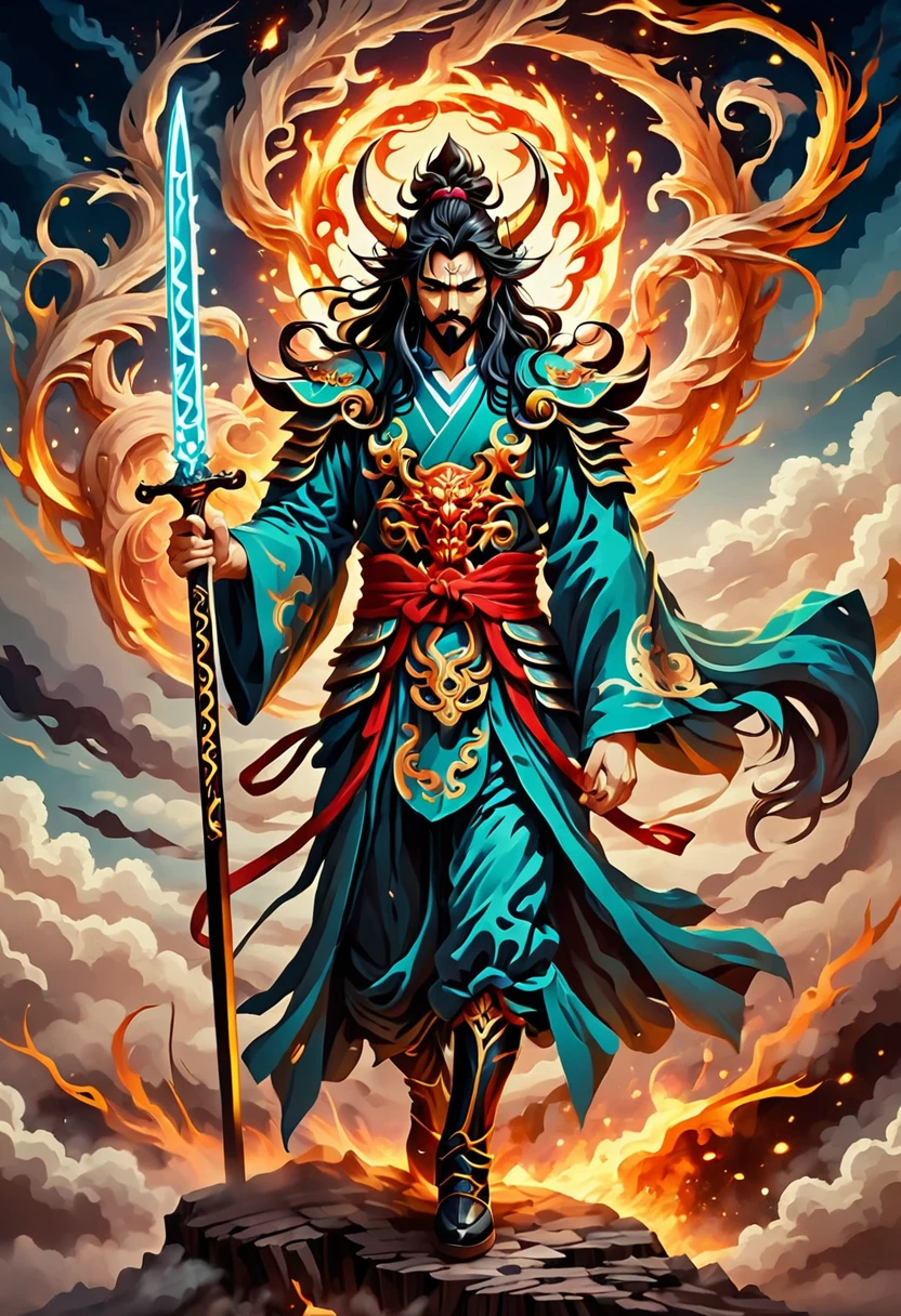 a drawing of a man with a sword and a demon, beautiful male god of death, mohrbacher, Inspired by Shunkōsai Hokushū, in the art style of mohrbacher, asura from chinese myth, the god of chaos, inspired by Ryūkōsai Jokei, in style of peter mohrbacher