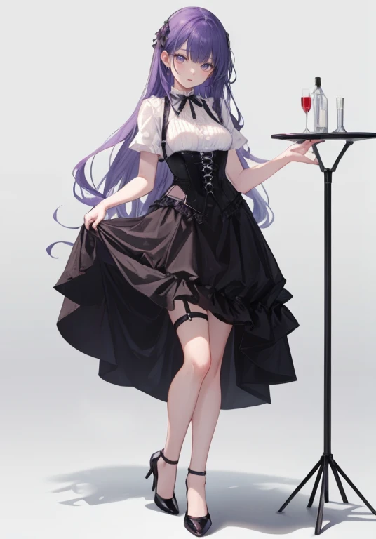 Purple Hair,Long Hair,Adult female,Bartender,((Gothic)),White shirt,((Body Harness)),(Roll up your sleeves),(corset),(Skirt),(High heels),((Simple white background)),((full body)),((whole body))