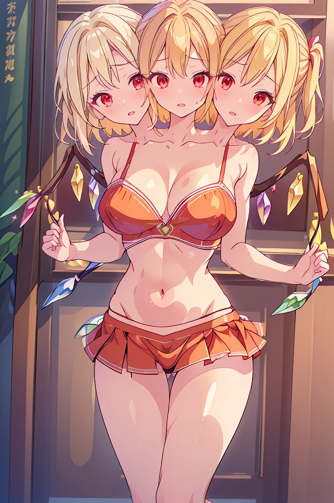 (masterpiece, best quality), best quality, best resolution, (ultra-detailed), ((3heads:1.5)), 1girl, (flandre scarlet :1.3), masterpiece, best quality, ultra quality, ultra resolution, ultra detail, red top, crop top, ((stomach)), midriff, ((groin)), red skirt, normal ears, shackles, blonde hair, short hair, small bangs, red eyes, parted lips, sweat, cute, toned belly, hand on own chest, eyelashes, (23 year old woman:1.3), (masterpiece:1.5), (best quality:1.5), (beautiful detailed), extremely detailed CG, extremely delicate and beautiful, depth of field, (finely detailed face), (perfect details:1.2), (mature female:1.3), wide pelvis, slender, large veiny breast, 16k resolution, highres, high quality, high definition, extremely detailed, masterpiece, best quality, blonde hair, short hair, alluring presence, smiling, short skirt, close up, very big tits, huge tits, young, small red bow, wearing a mobcap, artificial wings, wings, girl with three heads, three headed girl, ((blonde)),