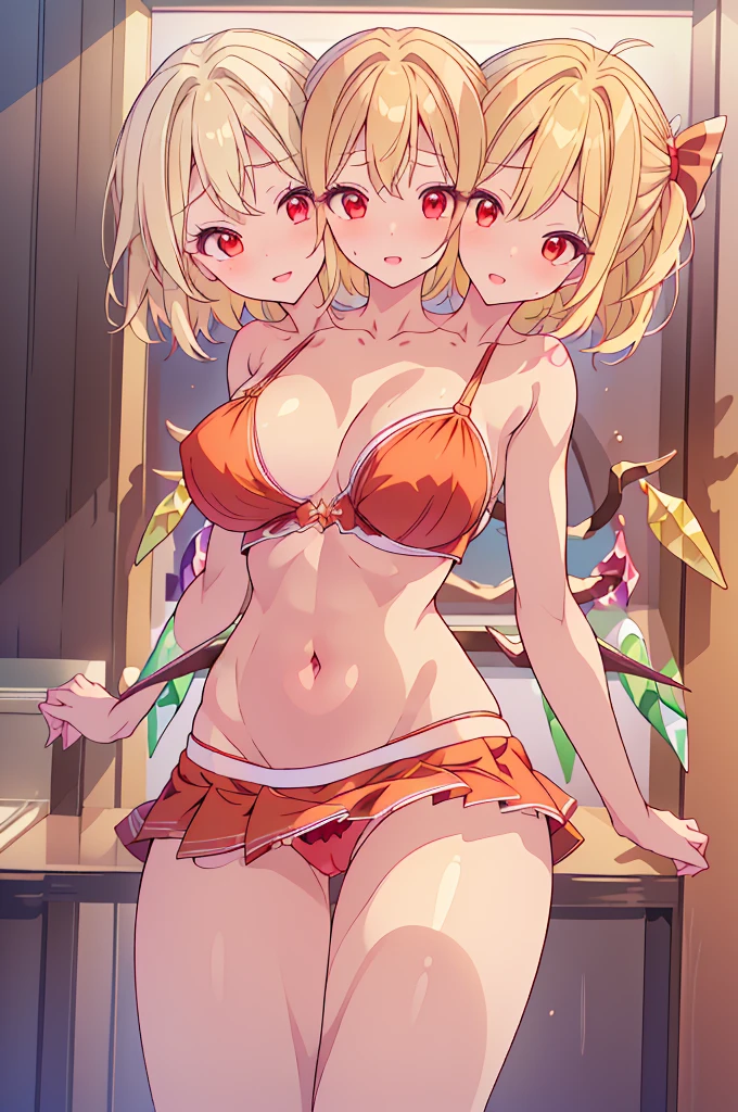 (masterpiece, best quality), best quality, best resolution, (ultra-detailed), ((3heads:1.5)), 1girl, (flandre scarlet :1.3), masterpiece, best quality, ultra quality, ultra resolution, ultra detail, red top, crop top, ((stomach)), midriff, ((groin)), red skirt, normal ears, shackles, blonde hair, short hair, small bangs, red eyes, parted lips, sweat, cute, toned belly, hand on own chest, eyelashes, (23 year old woman:1.3), (masterpiece:1.5), (best quality:1.5), (beautiful detailed), extremely detailed CG, extremely delicate and beautiful, depth of field, (finely detailed face), (perfect details:1.2), (mature female:1.3), wide pelvis, slender, large veiny breast, 16k resolution, highres, high quality, high definition, extremely detailed, masterpiece, best quality, blonde hair, short hair, alluring presence, smiling, short skirt, close up, very big tits, huge tits, young, small red bow, wearing a mobcap, artificial wings, wings, girl with three heads, three headed girl, ((blonde)),
