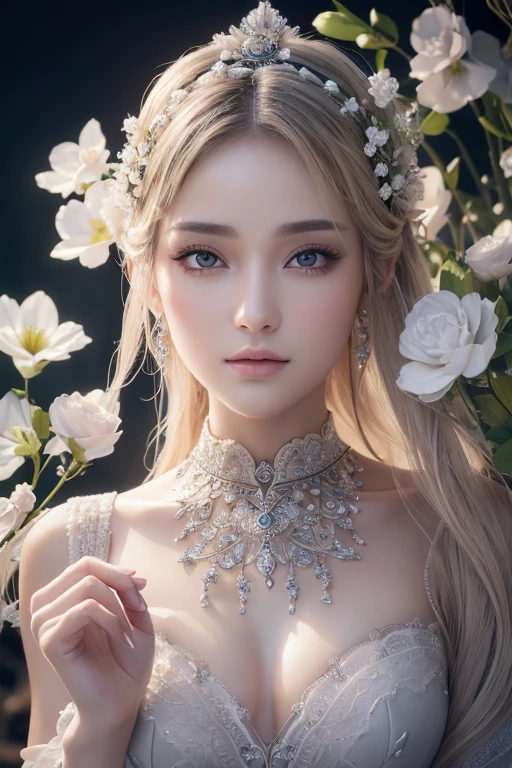 ((Masterpiece,Ultra-high resolution, high resolution, 8k, Fractal Art,Octane, Fantastic,Aesthetic,Intricate details)) From fantasy,Blessed by beautiful pure white flowers,Goddess Fortune Teller,A deeply carved face reminiscent of Nordic mythology,mysterious eyes,Emits a powerful, mysterious aura from bottom to top,Gemstone Garden, Elegant and sophisticated features with perfect shading and realistic skin texture. she (Crystal Eye) It's wonderful.、It is the focus of this image. (she eyes extremely detailed, Beautiful attention to detail, macro). she eyes feature intricate detailing with clearly defined irises and bright sclera. sheはクラシックな模様のロングドレスを着ている,Long sleeve,A dress made of jewels and details,soft lips are smooth and very puffy, sheの肌は淡い紅潮と華麗なクラシカルな模様で飾られている. she long gown is stunning and expensive, Made of pure shining light,Gorgeous jewels that sparkle in the light.