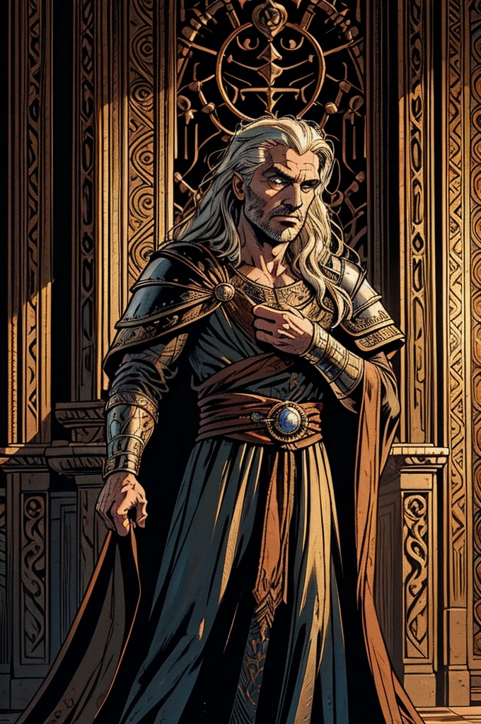 a detailed portrait of Aegon I Targaryen, king of the seven kingdoms, intricate historical costume, dramatic expression, highly detailed facial features, piercing eyes, chiseled jawline, lush hair, regal posture, lavish throne room background, cinematic lighting, rich color palette, oil painting, masterpiece, photorealistic, 8k, incredibly detailed