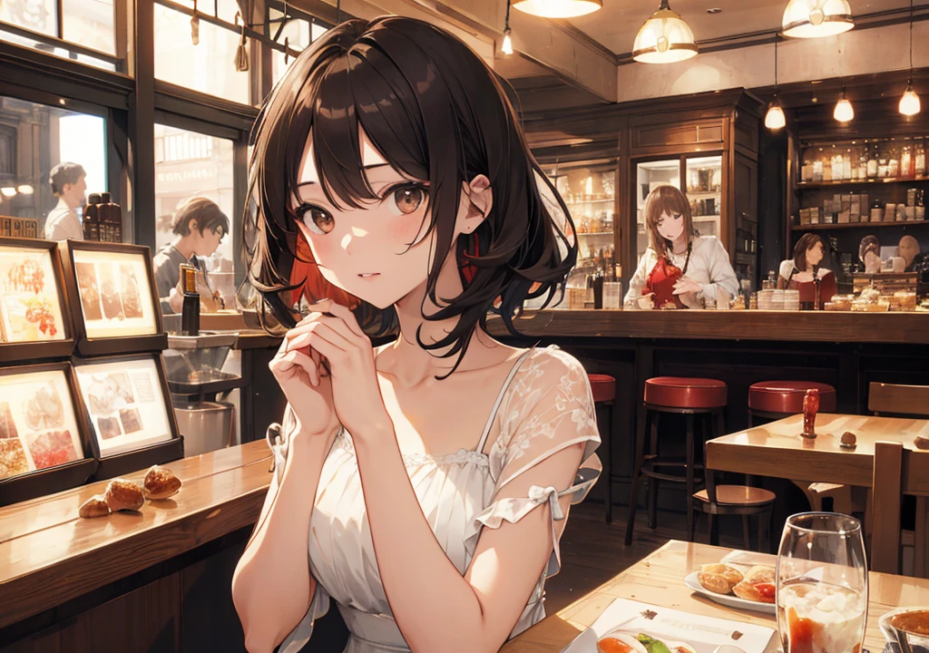 Realistic photos, Focus distance 10mm, Red and white, Beautiful girl, Realistic photos, Shooting at Focus distance 10mm, masterpiece, 最high quality, high quality, Very detailed CG 8k wallpaper unit, Award-winning photography, Depth of written boundary, High resolution, bloom, chromatic aberration, Realistic, Very detailed, Art Station Trends, CGsociety Trends, Complex, High detail, dramatic, Art on the go, volumetric lighting, Soup A beautiful girl in an elegant dress is enjoying a hot soup. The background is the warm atmosphere of a French café. The girl has short black hair and light brown eyes
