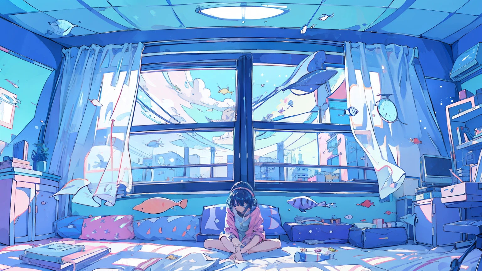 (1 girl)detailed explanation, Inside the room, Large windows, Girl sitting on the floor looking at you, Headphones, Tropical fish floating, night, stars outside windows, The lights in the room shine