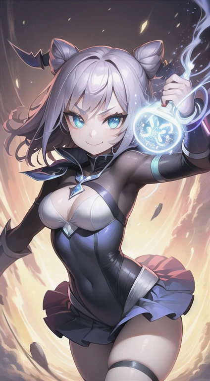 (High resolution, sharp, fractal), Single women, Super Glowing Skin, Magical girl, leotard, mini skirt, Wicked Smile,