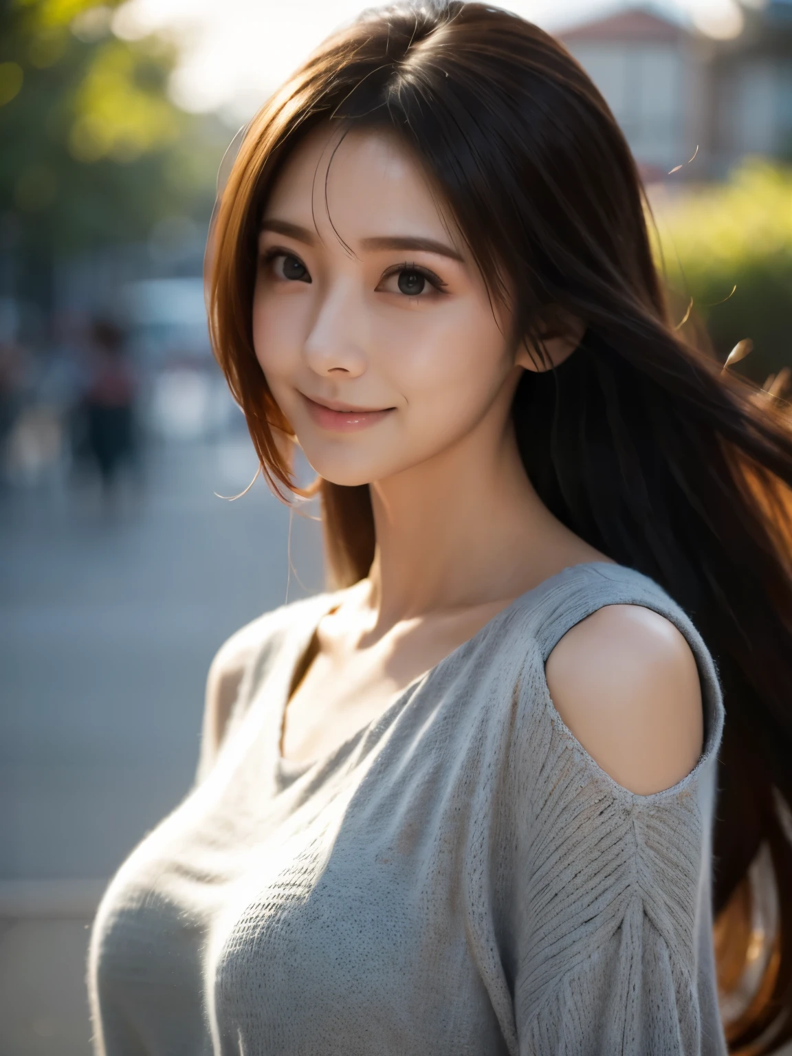 1woman,28yo,((smiling)),((face focused)),Detailed details,、high resolution、high quality、Perfect dynamic composition、Beautiful detailed eyes、Natural Color Lip、1 persons、Transparent skin、Glowing hair、smiling,masterpiece、Best Quality、finely detail、high resolution、8K、The correct state of the human body、She wears a navy blue long knit dress、randome pose、Gravure Model Pose、Hair soaring in the wind
