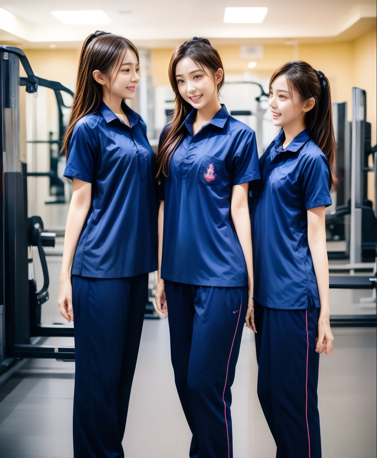 3 girls in fitness center, Navy blue short-sleeved shirt,Navy Long Trackpant,Sweatpants, Sweatpantsขายาว,25 year old girl, lesbian, sexy, exercise clothes, wet body, exercise clothes