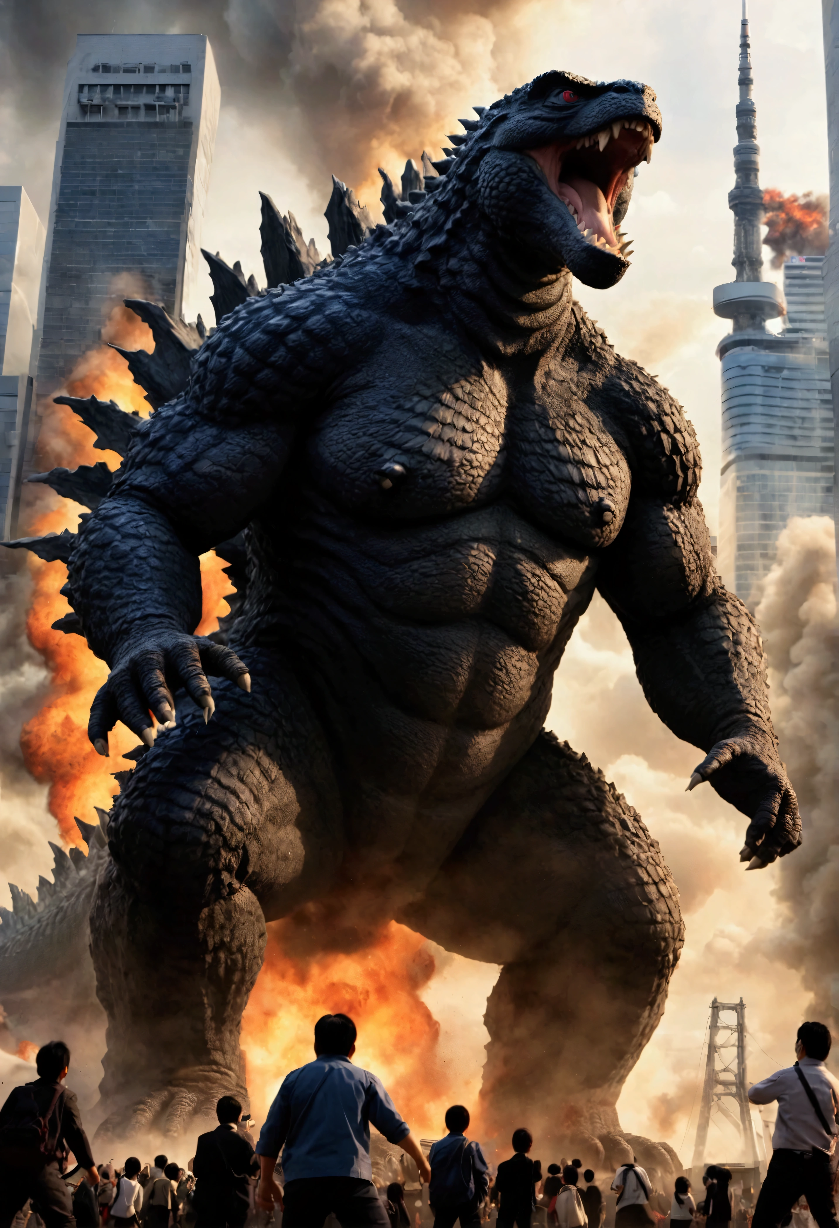 Godzilla is on a rampage in Tokyo, low angle shot