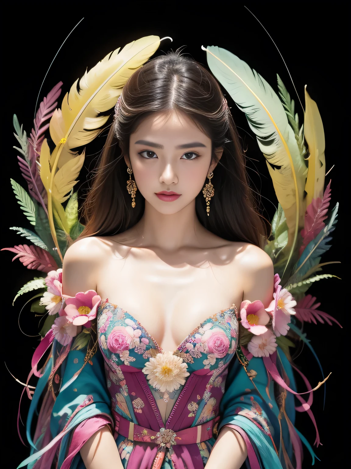 (masterpiece, Highest quality, Highest quality, Official Art, beautifully、beautiful:1.2), (One Girl:1.3), Very detailed,(Fractal Art:1.3),(colorful:1.5)(Flowers:1.3),Most detailed,(Tangled:1.2), whole body, (Abstract background:1.3), (Glowing Skin), (Many colors:1.4), ,(Earrings), (feather:1.5),