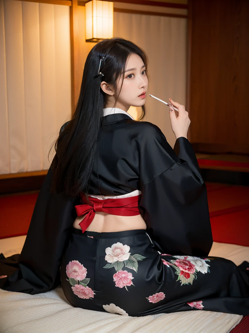 1 girl, very beautiful, long black hair, (wearing kimono with full back), back tattooed in Japanese style, (sitting on the floor), leaning on the bed, (long legs exposed), holding a smoking cigarette, full body shot, view from behind, looking at the viewer, sexy scene, curtains, light creates a magical feeling.