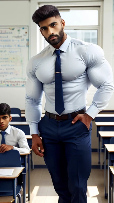 Two person in one picture- one is 40 years old male hunk teacher, one is 18 years old boy, 18 years old indian school boy with small beard mascular dark skin jaat with spiky hairstyle doing kissing with his handsome 40 years old teacher in classroom, head to thighs,  indian school boy, beautiful eyes, large lips, volumeric light, wearing opened white shirt with navy trouser with navy tie, formal black shoes with white socks, huge bulge, muscular chest, long legs, Wide shoulders, nice detailed hands, standing with spread legs in classroom background, sunny day, daylight