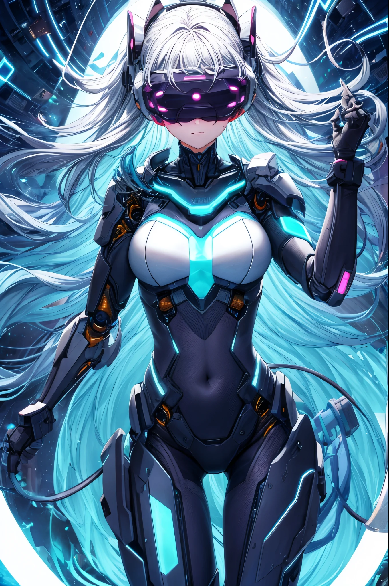 best quality, head-mounted display,
(1 girl, solo), exposed waist, exposed thighs, surrounded by azure neon, floating azure hair, NodesTech mascara, NodesTech headdress, long hair, ethereal hair, multicolored azure hair,
BREAK sci-fi background, detailed background, crop top cyborg armor, azure neon background, data space