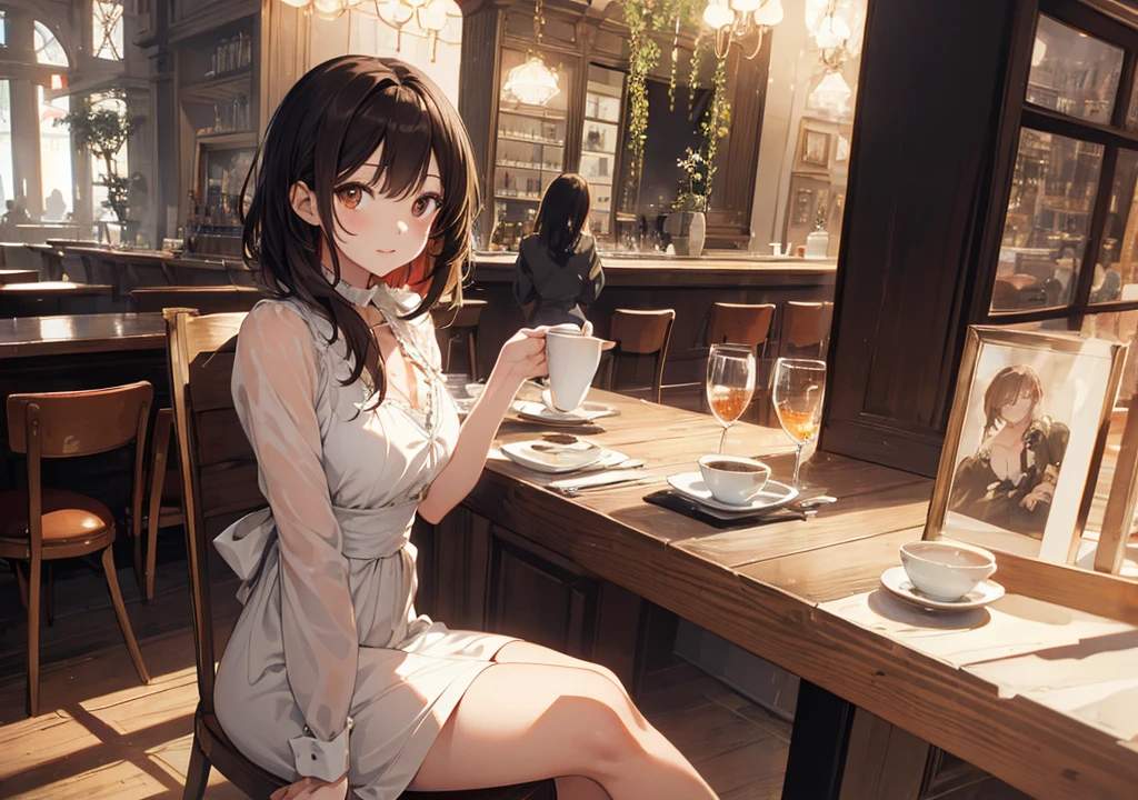 Realistic photos, Focus distance 10mm, Red and white, Beautiful girl, Realistic photos, Shooting at Focus distance 10mm, masterpiece, 最high quality, high quality, Very detailed CG 8k wallpaper unit, Award-winning photography, Depth of written boundary, High resolution, bloom, chromatic aberration, Realistic, Very detailed, Art Station Trends, CGsociety Trends, Complex, High detail, dramatic, Art on the go, volumetric lighting, Soup A beautiful girl in an elegant dress is enjoying a hot soup. The background is the warm atmosphere of a French café. The girl has short black hair and light brown eyes