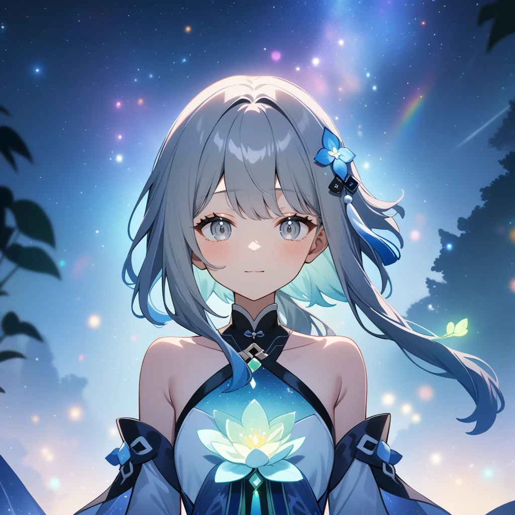 1girl, guizhong_\(genshin_impact\),(grey hair),short_hair_with_long_locks in front and low ponytail in back,(pale grey eyes with seafoam gradient),starry_sky_print,detached_sleeves white outside blue starry inside, hands completely hidden by long sleeves,stunning field of softly glowing cerulean and white glaze lilies,night scene,gentle smile,face focus, eye focus,ladyshadow,moonlight,glossy lips,vivid anime coloring,cel shading,smooth, soft dreamy focus,anklet,halter_top,white clothes,highly detailed,digital painting,bare_shoulders,barefoot,cool night tones, magical night scene,bokeh, professional,anemo colored fireflies,nebula of rainbow and silvery vapor,harmonious blend of nature and art,transcendent beauty,awe-inspiring artwork,(best quality,4k,8k,highres,masterpiece:1.2),matsuryuu and dsmile and agahari,countless glittering stars,cosmic stardust