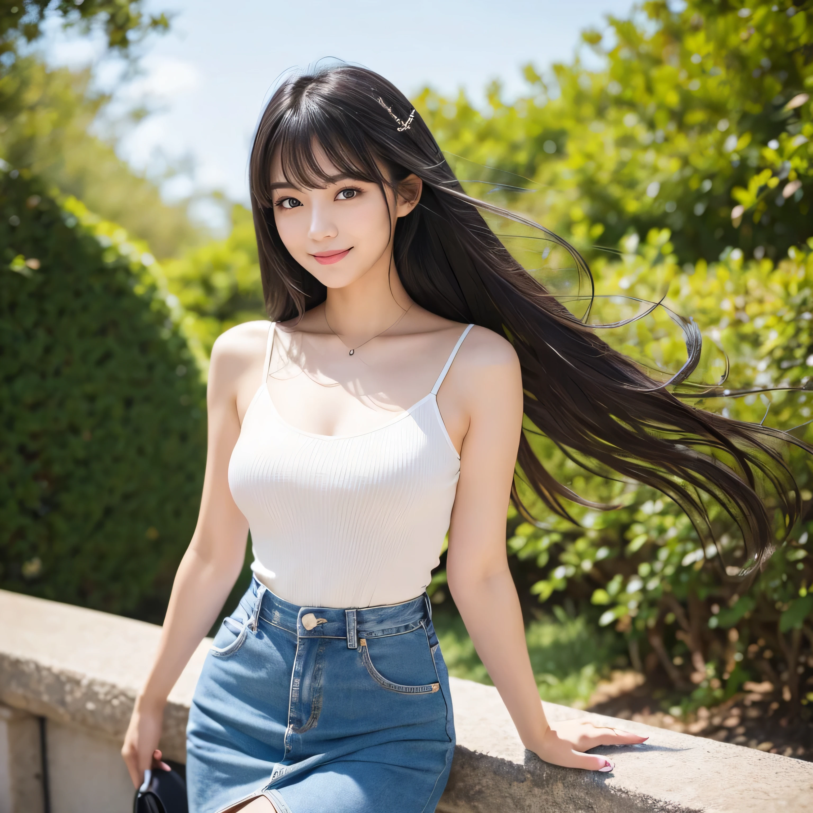 Create an ultra-realistic image of a 21-year-old Japanese woman named Kotone. She has extremely long, perfectly straight black hair that flows down to her waist, with blunt bangs that cover her forehead. Her eyes are large, enchanting, and have double eyelids with sparkling black pupils, giving them a captivating and youthful appearance. Her face is delicate and innocent, with very thin eyebrows that frame her large, childlike eyes. Kotone's skin is smooth and flawless, resembling snow in its pure white color. She has a slender and well-proportioned body with a shapely bust size of 95 cm, a height of 158 cm, a weight of 43 kg, an ideal waist size of 58.46 cm, and an ideal hip size of 86.73 cm. Her complexion is flawless, without any wrinkles, and her natural makeup enhances her features subtly, maintaining a fresh and youthful look. She embodies a perfect balance of youthful charm and mature elegance, with a cute and innocent smile that adds warmth and affection to her appearance.
Kotone should be depicted facing forward, with her body positioned to emphasize her front. Her long black hair should flow naturally over her shoulders, framing her face and upper body. Her pose should be confident and relaxed, with her arms gently at her sides or holding a small accessory. Her expression should be warm and inviting, with a friendly smile that captures her youthful charm. The lighting should be soft and natural, focusing on her front and emphasizing the smoothness of her skin and the delicacy of her features, creating a sense of depth and realism. The background should be simple and neutral, ensuring that every detail of her appearance is highlighted and that the focus remains on her face and front. She is wearing a casual yet stylish outfit that highlights her well-proportioned figure, such as a fitted blouse and skirt.