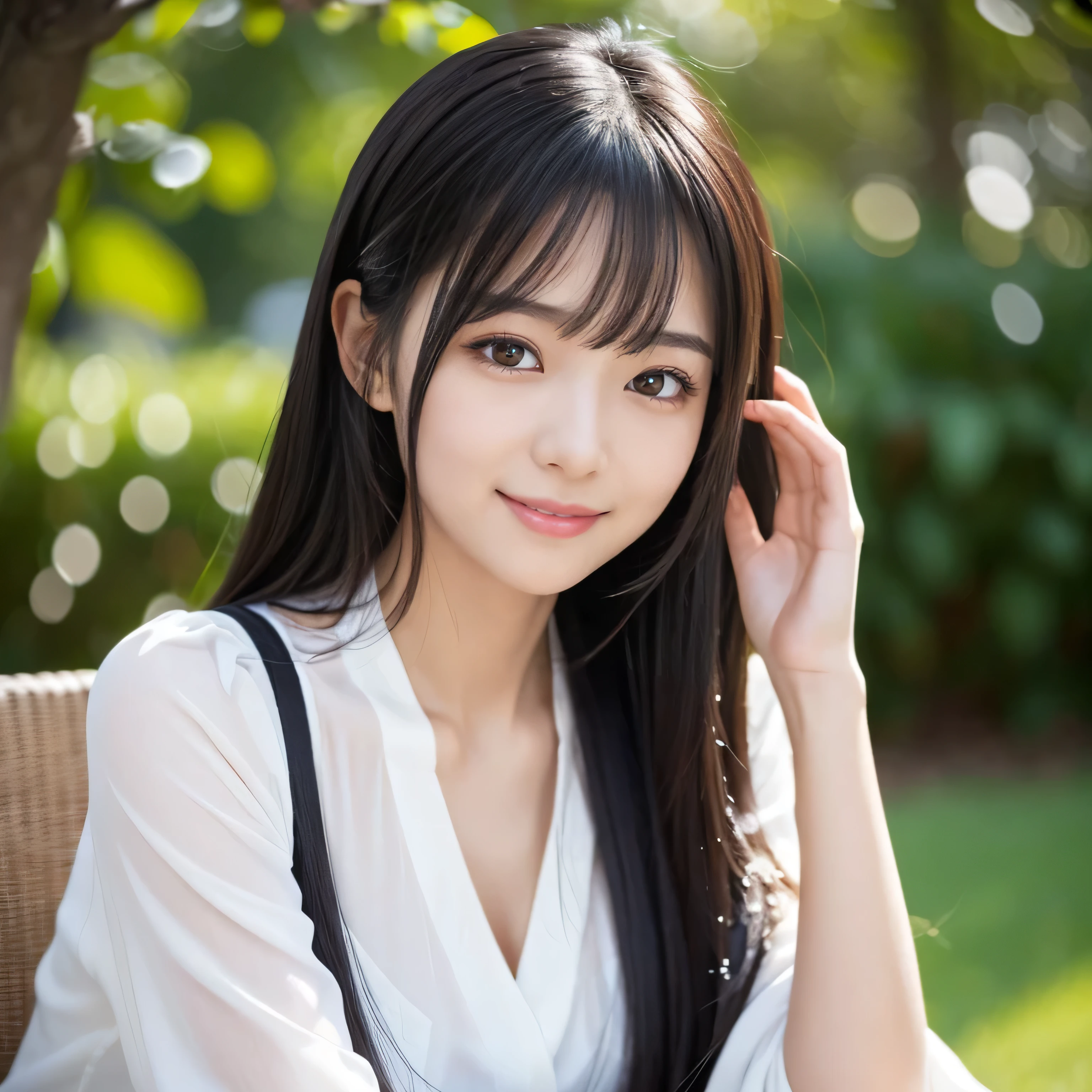 Create an ultra-realistic image of a 21-year-old Japanese woman named Kotone. She has extremely long, perfectly straight black hair that flows down to her waist, with blunt bangs that cover her forehead. Her eyes are large, enchanting, and have double eyelids with sparkling black pupils, giving them a captivating and youthful appearance. Her face is delicate and innocent, with very thin eyebrows that frame her large, childlike eyes. Kotone's skin is smooth and flawless, resembling snow in its pure white color. She has a slender and well-proportioned body with a shapely bust size of 95 cm, a height of 158 cm, a weight of 43 kg, an ideal waist size of 58.46 cm, and an ideal hip size of 86.73 cm. Her complexion is flawless, without any wrinkles, and her natural makeup enhances her features subtly, maintaining a fresh and youthful look. She embodies a perfect balance of youthful charm and mature elegance, with a cute and innocent smile that adds warmth and affection to her appearance.
Kotone should be depicted facing forward, with her body positioned to emphasize her front. Her long black hair should flow naturally over her shoulders, framing her face and upper body. Her pose should be confident and relaxed, with her arms gently at her sides or holding a small accessory. Her expression should be warm and inviting, with a friendly smile that captures her youthful charm. The lighting should be soft and natural, focusing on her front and emphasizing the smoothness of her skin and the delicacy of her features, creating a sense of depth and realism. The background should be simple and neutral, ensuring that every detail of her appearance is highlighted and that the focus remains on her face and front. She is wearing a casual yet stylish outfit that highlights her well-proportioned figure, such as a fitted blouse and skirt.