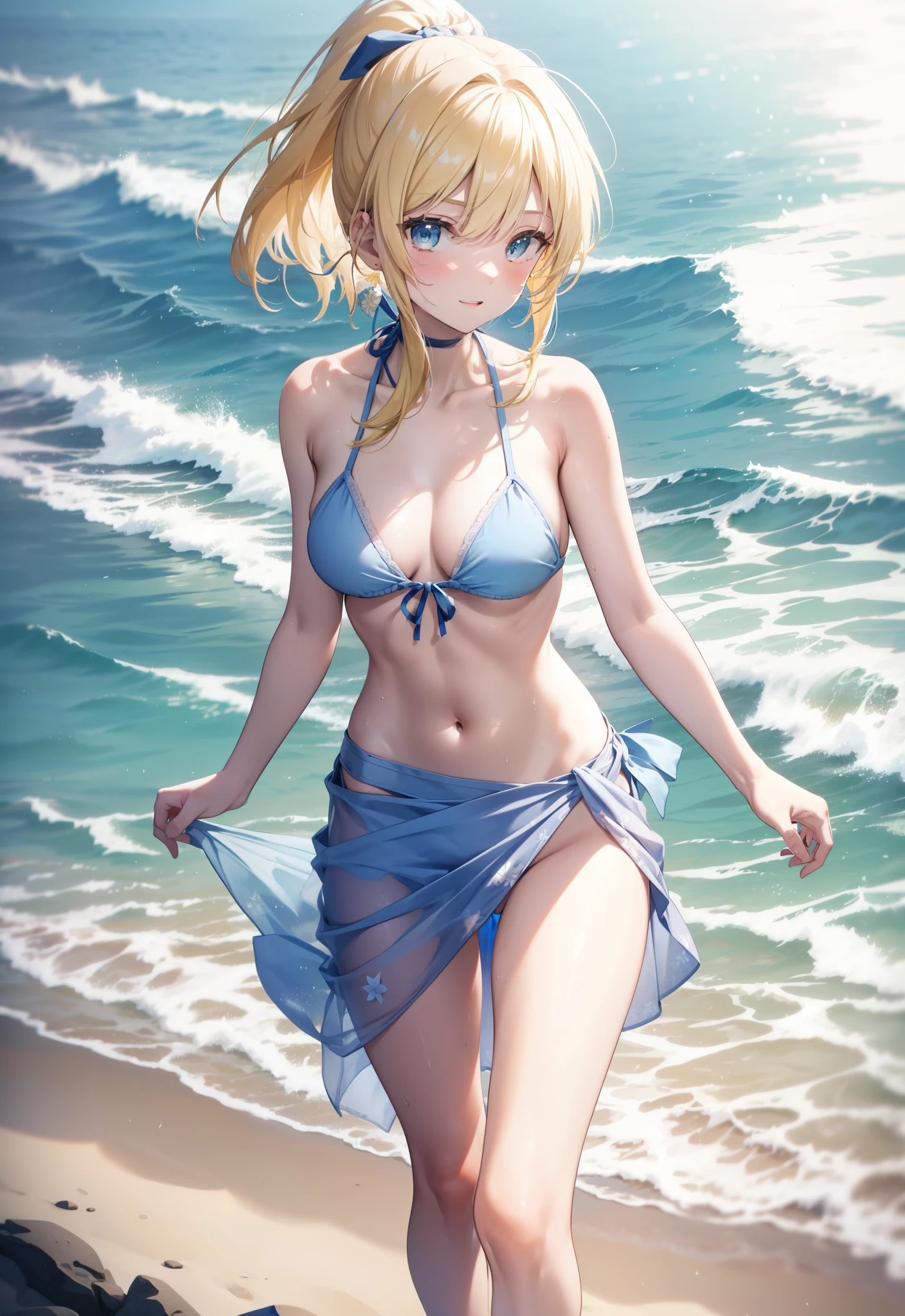 Eliase, catalyst, Yellow Hair, blue eyes, ponytail, Hair Ribbon, Open your mouth,clavicle,smile,Light blue bikini swimsuit,barefoot,pararel, A thin long skirt tied around the waist,belly button,abdomen, whole bodyがイラストに入るように,Stroll along the sandy beach,
break outdoors, Beach,
break looking at viewer, whole body, (Cowboy Shot:1. 5)
break (masterpiece:1.2), Highest quality, High resolution, unity 8k wallpaper,, (shape:0.8), (Beautiful attention to detail:1.6), Highly detailed face, Perfect lighting, Extremely detailed CG, (Perfect hands, Perfect Anatomy),