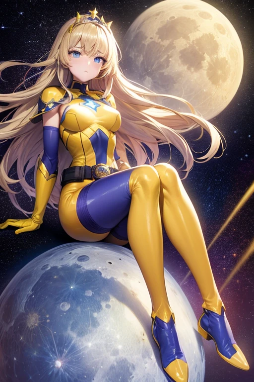 ((best quality)), ((masterpiece)), (detailed), 1 girl, Full body, 19 years old, Sad face, Blue eyes, Empty eyes, Star-shaped tiara, Arms forward, Eye mask, Blue superhero mask, Blonde hair, Straight hair, Long hair, Bangs, 2 star clips on the sides of the hair, Full body, Medium breasts, Slim body, Hands on knees, Hands forward, Yellow wristbands, Long purple gloves, Blue gloves, Superhero costume, Superheroes, Yellow leotard suit, With a big yellow star in the center, Star emblem, Something tight, Long yellow cape on waist, Red belt, Purple legs, Purple pantyhose, Blue boots, Legs forward, Looking down, Sitting on the moon, Space background, Anime