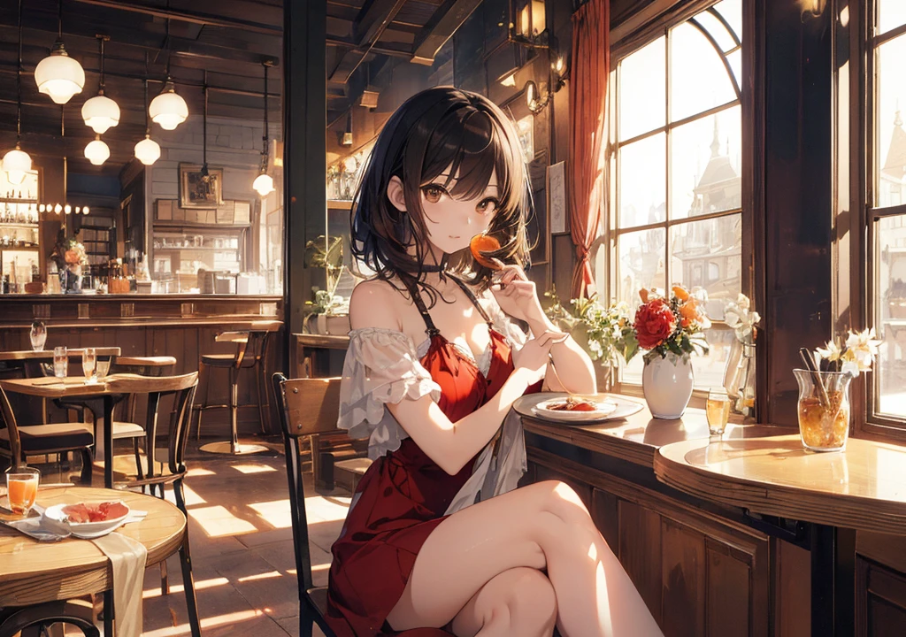Realistic photos, Focus distance 10mm, Red and white, Beautiful girl, Realistic photos, Shooting at Focus distance 10mm, masterpiece, 最high quality, high quality, Very detailed CG 8k wallpaper unit, Award-winning photography, Depth of written boundary, High resolution, bloom, chromatic aberration, Realistic, Very detailed, Art Station Trends, CGsociety Trends, Complex, High detail, dramatic, Art on the go, volumetric lighting, Soup A beautiful girl in an elegant dress is enjoying a hot soup. The background is the warm atmosphere of a French café. The girl has short black hair and light brown eyes