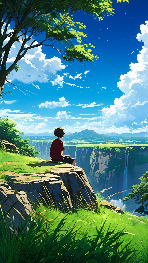 a boy sitting under a big tree near a cliff ,leftovers from the tree, seeing a vast blue sky with white fluffy clouds and bright edges and brush strokes , tall grasses stones, , makoto shinkai cyril rolando, anime art wallpaper 4k, anime art wallpaper 4k, animated background, anime art wallpaper 8K, animated background art, Anime Landscape Wallpaper, amazing wallpaper, HD wallpaper, 4k anime wallpaper, 4k anime wallpaper, Aries Moross art,art by Bob Byerley , AshleyWoodArtAI, greg rutkowski