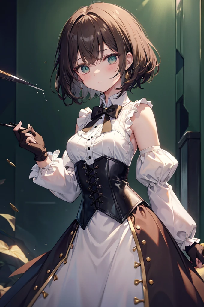 woman、18-year-old、Small breasts、Dark brown short hair、White blouse、Ruffled sleeves、High collar、Dark green corset bodice、Vertical ribs、Gold trim on top、Leather gloves in the same color as the bodice、Green details、No highlights on eyes、A lot of blood splatter、Many knives in each hand、Expressionless