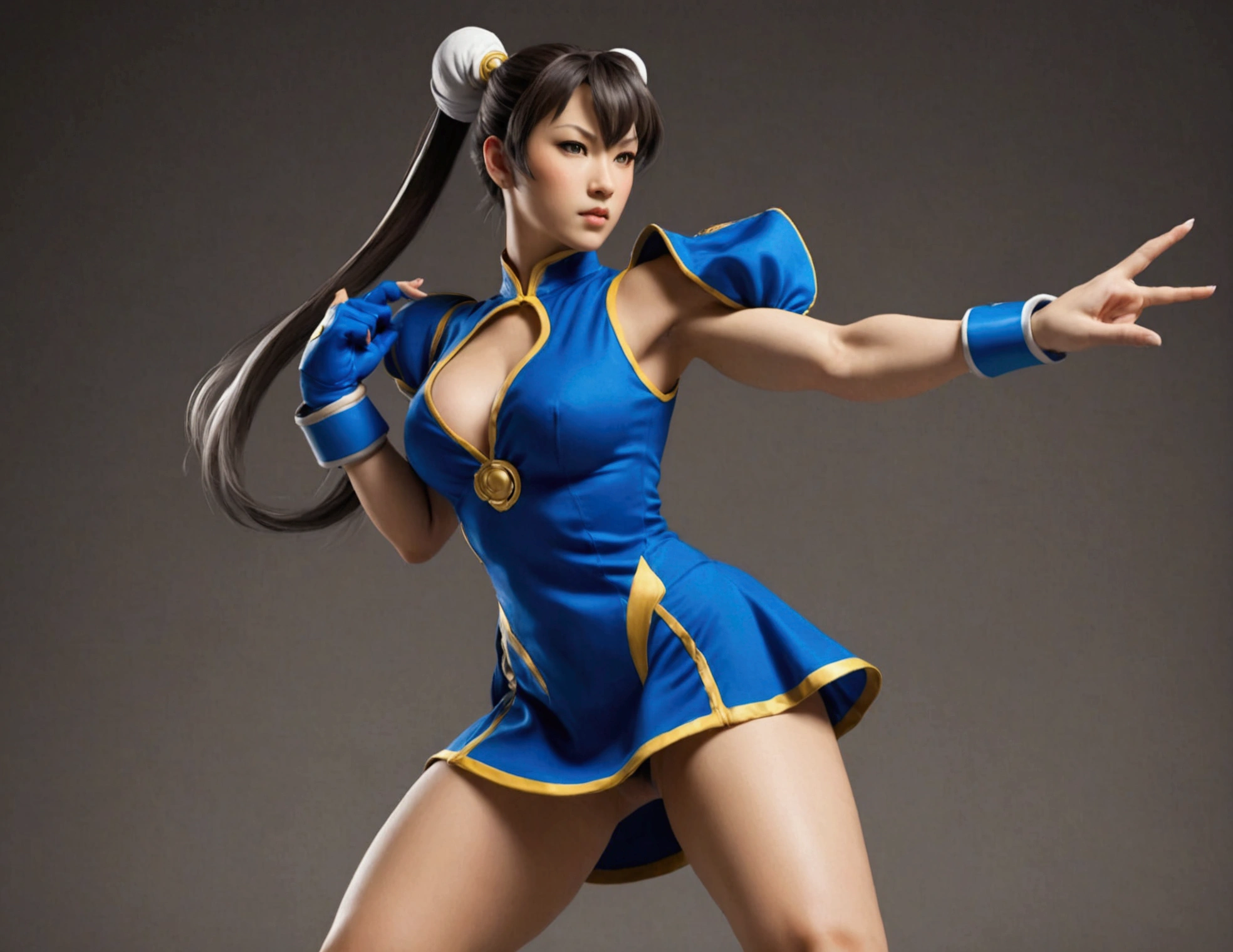 Chun Li striking a victory pose, I conic blue outfit mini dress, viewed from low angle
