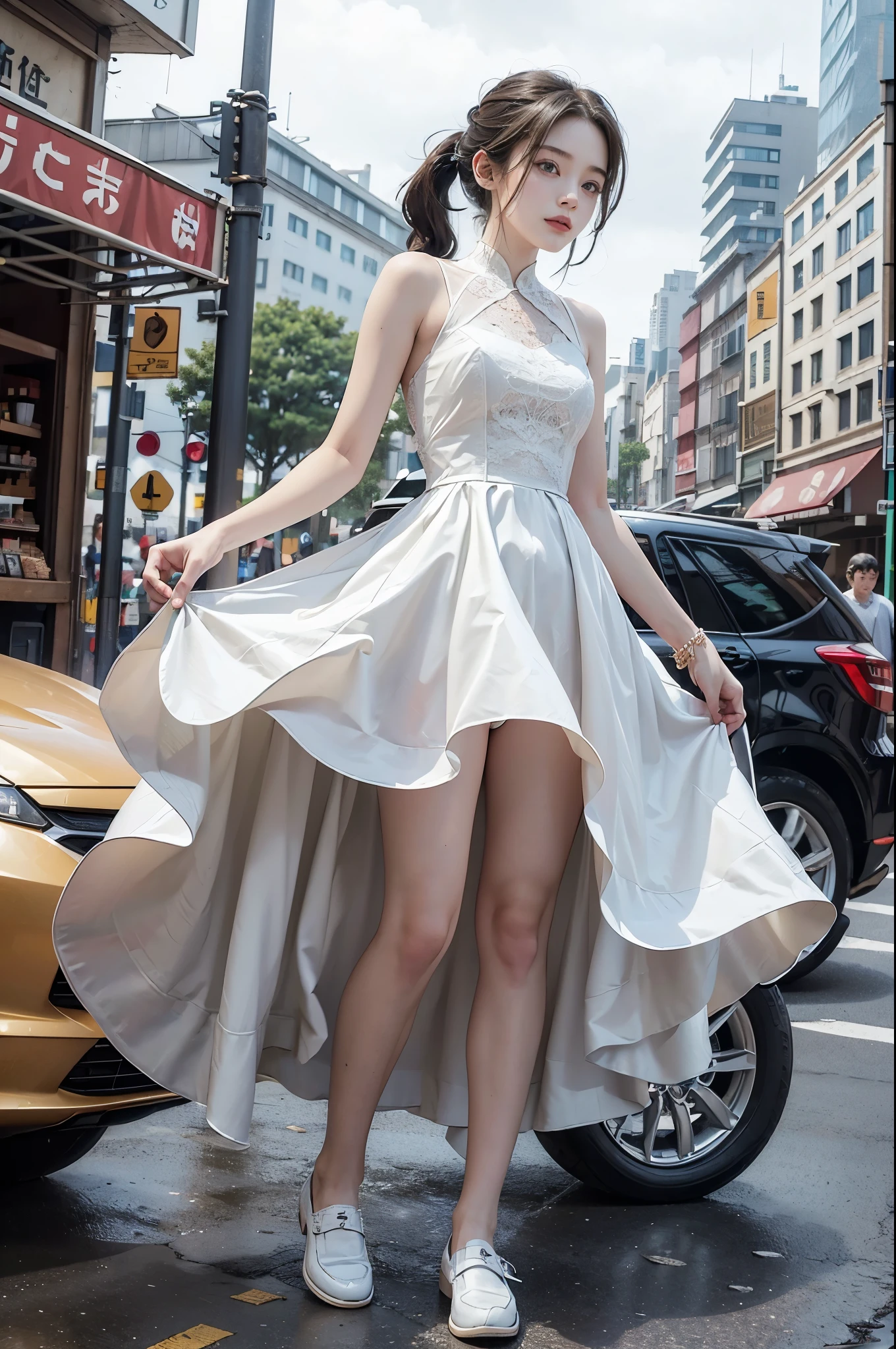 (((best quality))),(((ultra detailed))),(((masterpiece))),illustration,(low angle short:1.3),(from below:1.3),((1 beautiful girl,solo)),(short ponytail:1.2),((summer,afternoon,streets,city)),((slim,thin)),((small breasts,flat chest)),(white dress:1.3),(slender legs:1.2),(loafers:1.2),flowing,breeze,healthy radiance,deep brown eyes,mischievous smile,exciting adventure,noise,colour,cars,honking,people chatting,vendors calling out,shops,restaurants,bright signs,illuminating,scent of street food,sound of traffic,confidence,charm,obeys,stares,lost in her own world,beauty,grace,captivating presence,attention,vibrant colours,contrast,simplicity,outfit,complexity,urban landscape,balance,nature,civilization,snapshot,memory,cherished,((from front,full body))