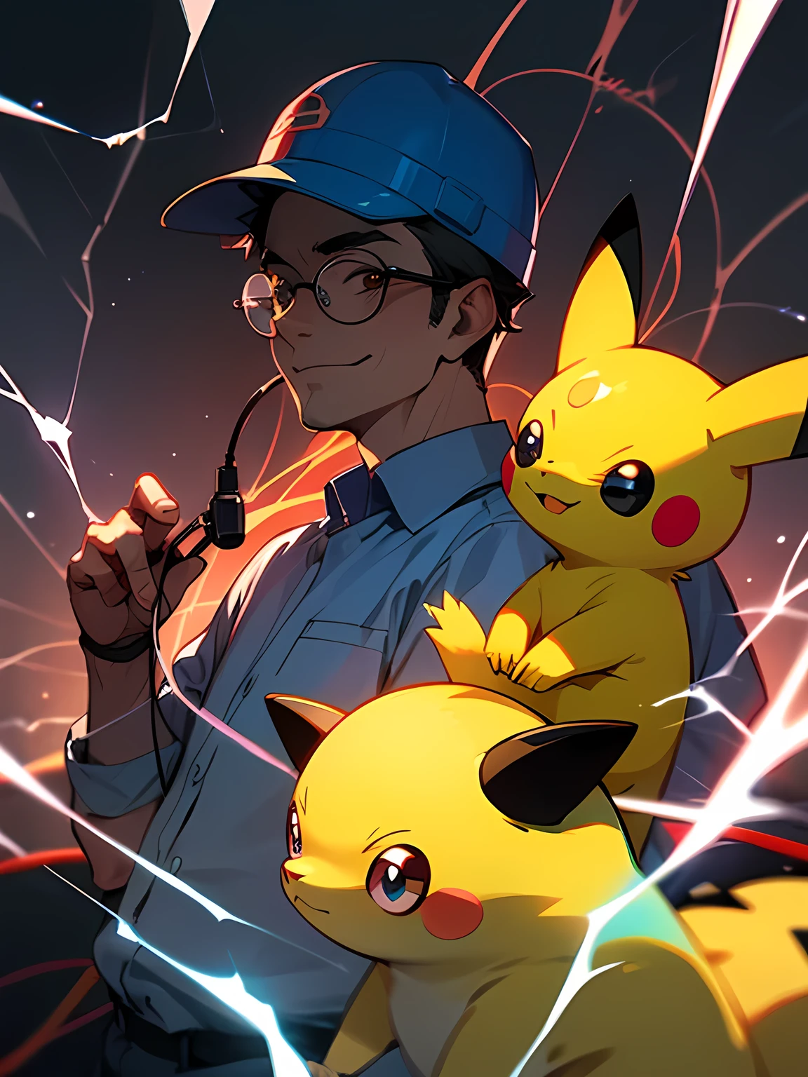 sideview,solo,looking at viewer,upperbody,Electrician, 50 years old man,glasses,Electricians,wearing work clothes and Helmet,electrical wire inspection,big smile,with pilachu(pokemon)