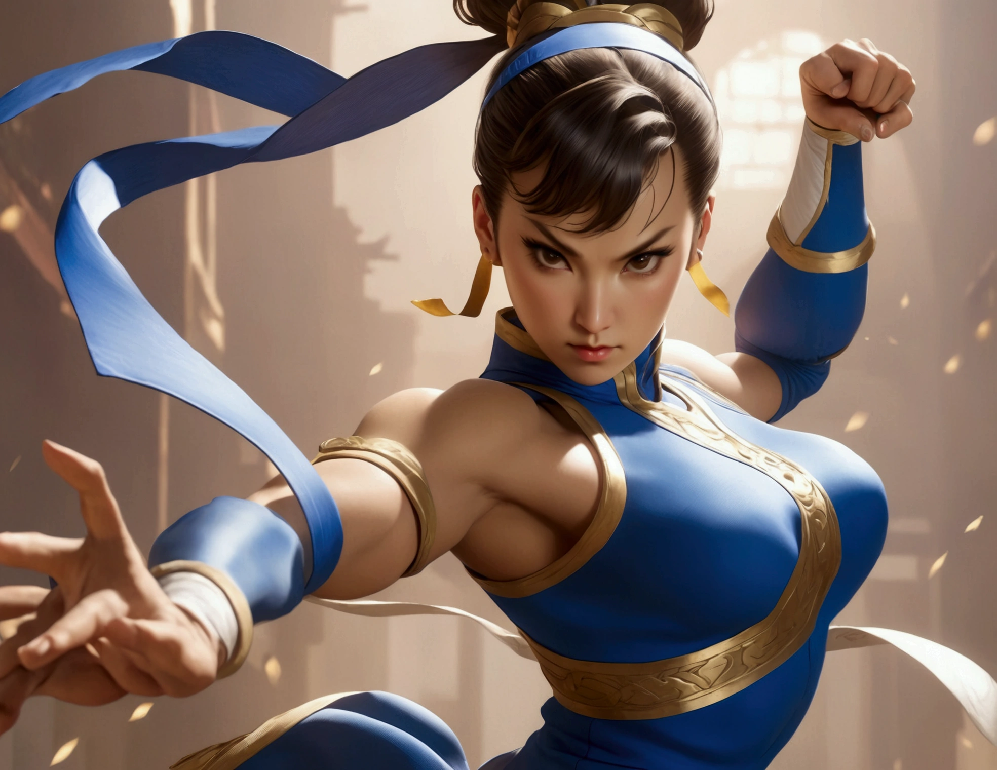 Chun Li striking a victory pose, I conic blue outfit mini dress, viewed from low angle