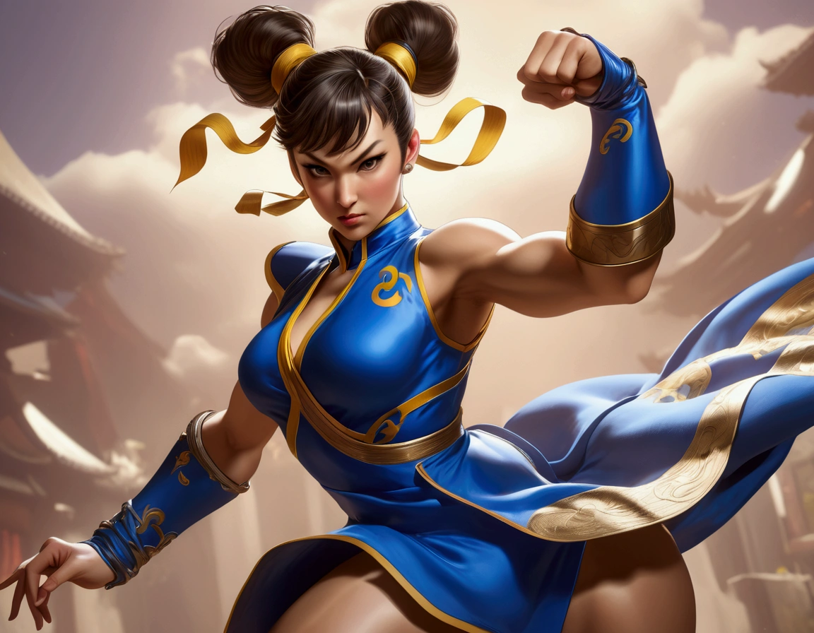 Chun Li striking a victory pose, I conic blue outfit mini dress, viewed from low angle
