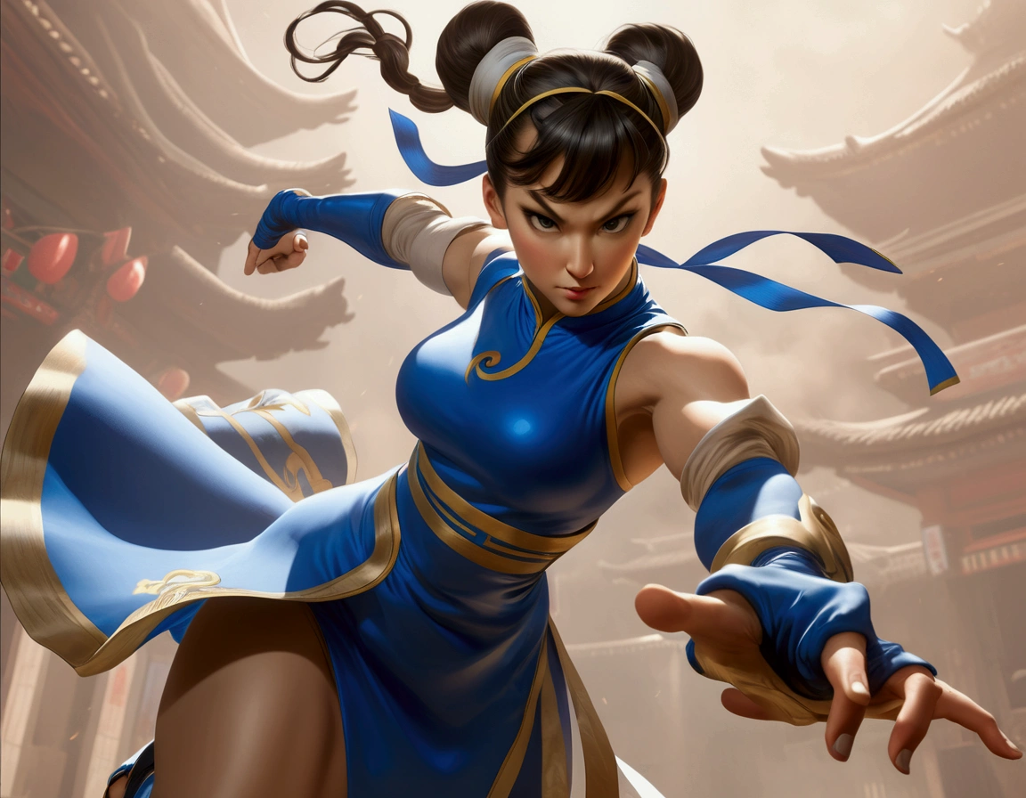 Chun Li striking a victory pose, I conic blue outfit mini dress, viewed from low angle